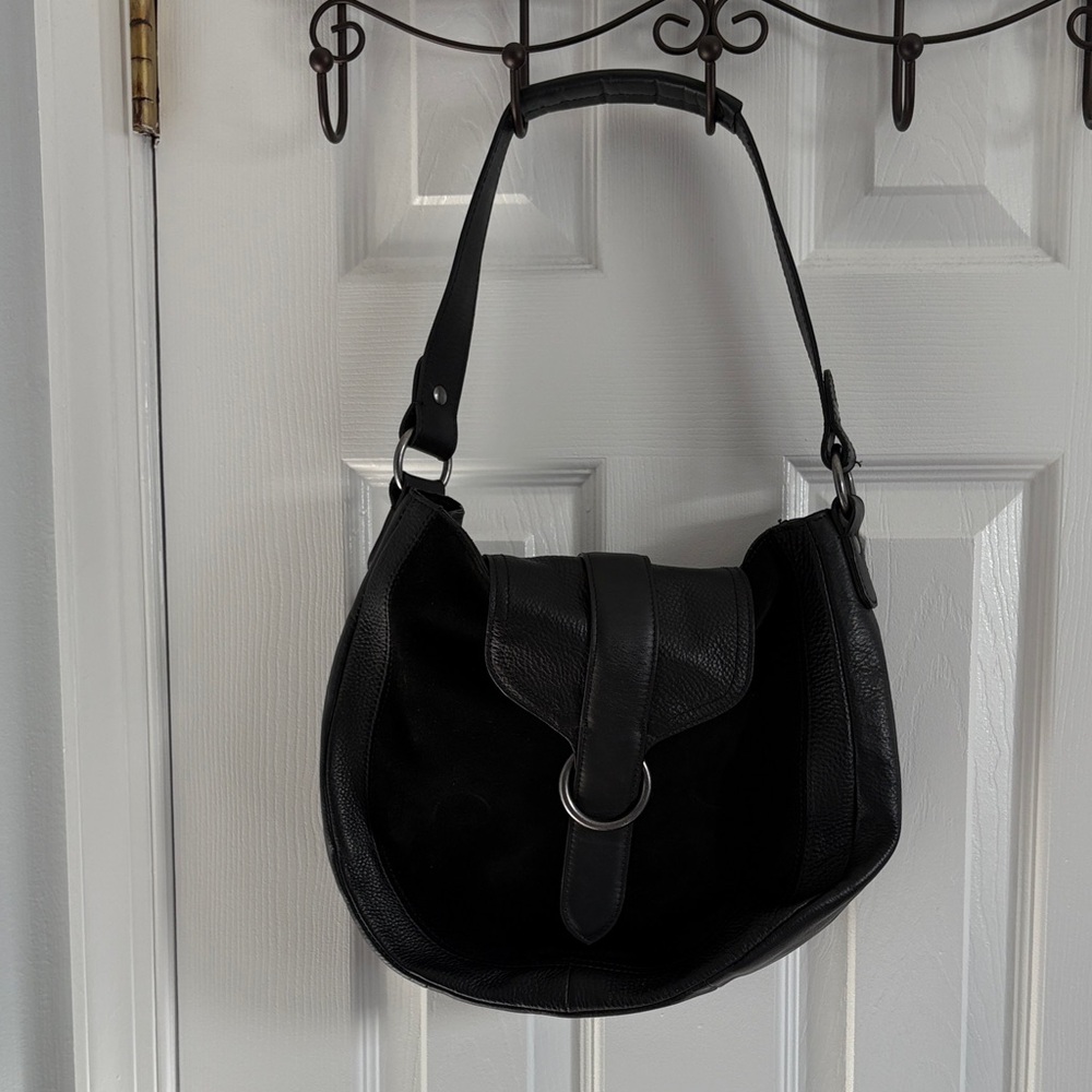 Lucky Brand Black Leather & Suede Hobo Shoulder Bag Magnetic Closure
